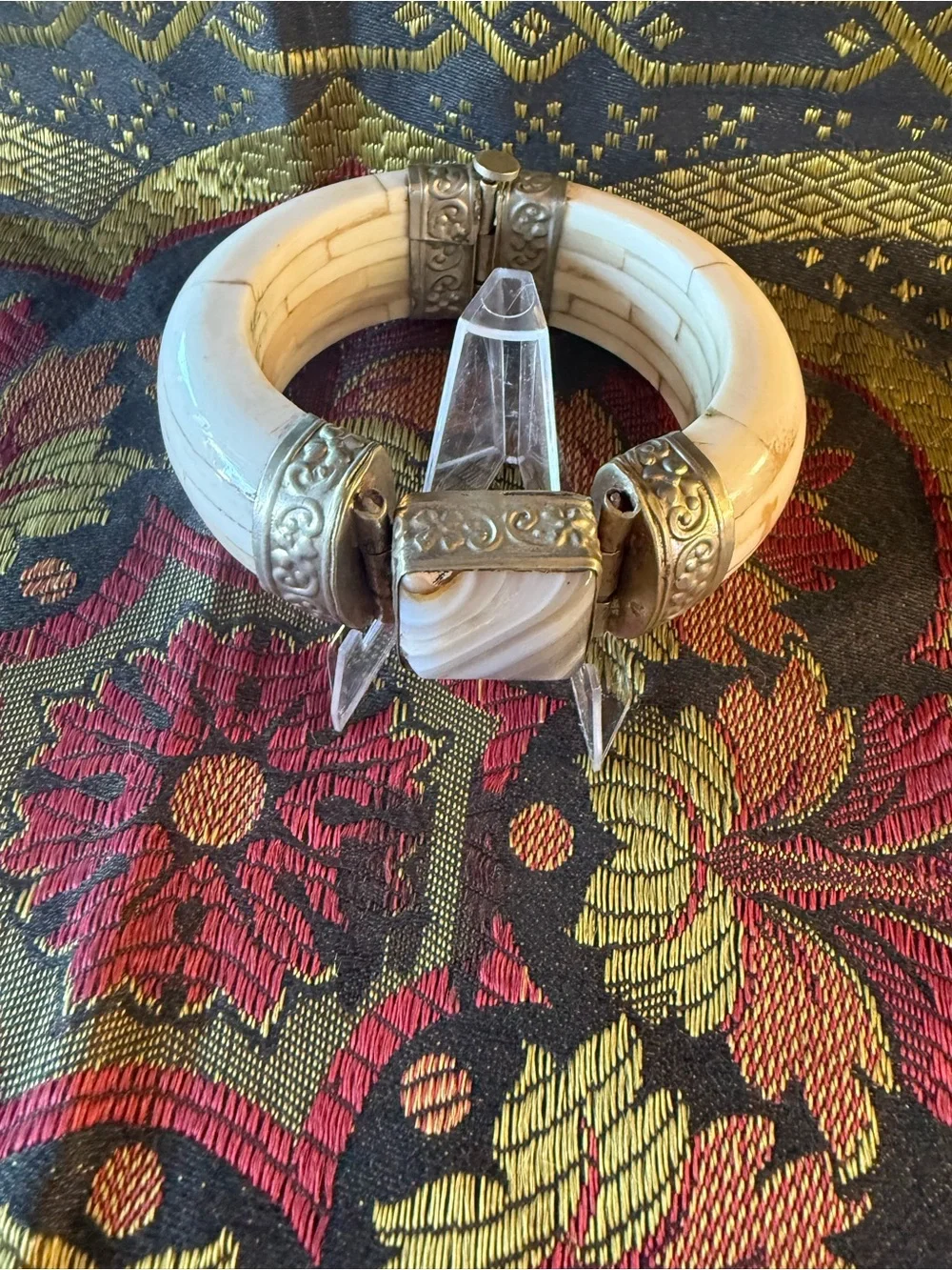 Antique Large Silver Tone Bone Agate Bracelet